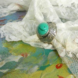 VTG cerulean cabochon silver ring boho TIbetan pewter tone marbled teal size 9.5